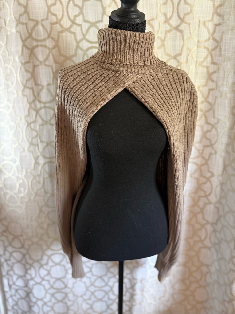 Eloquii Taupe Ribbed Turtleneck Cape Sleeve Sweater